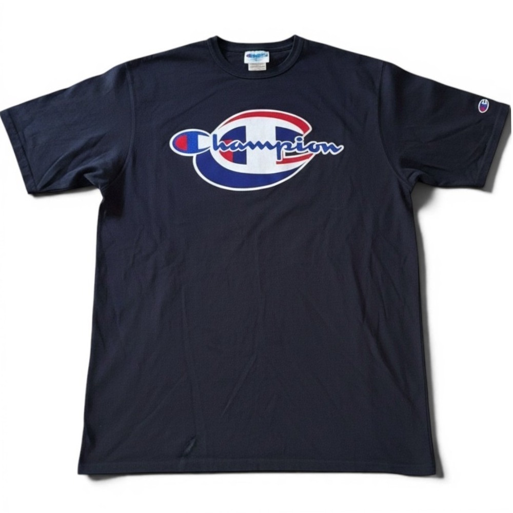 Champion Center Logo T-Shirt Mens Large Blue Embroidered Script Y2K Graphic Tee